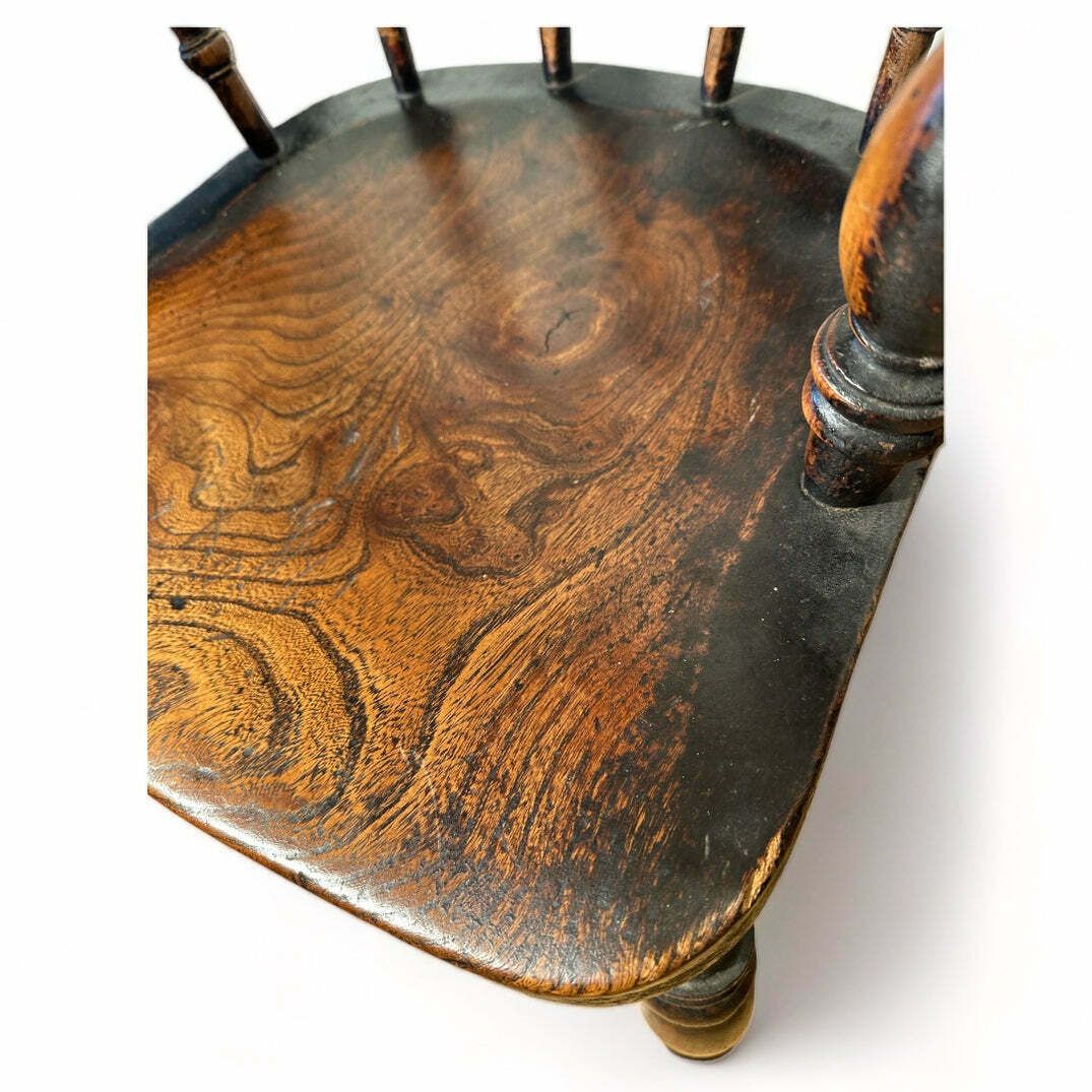 photo furniture Exceptional Pair Of Early Antique English Elm & Yew Captains Elbow/Kitchen/Desk Chairs With Makers Initials & Original Oxidised Treacle Black/Red Pain