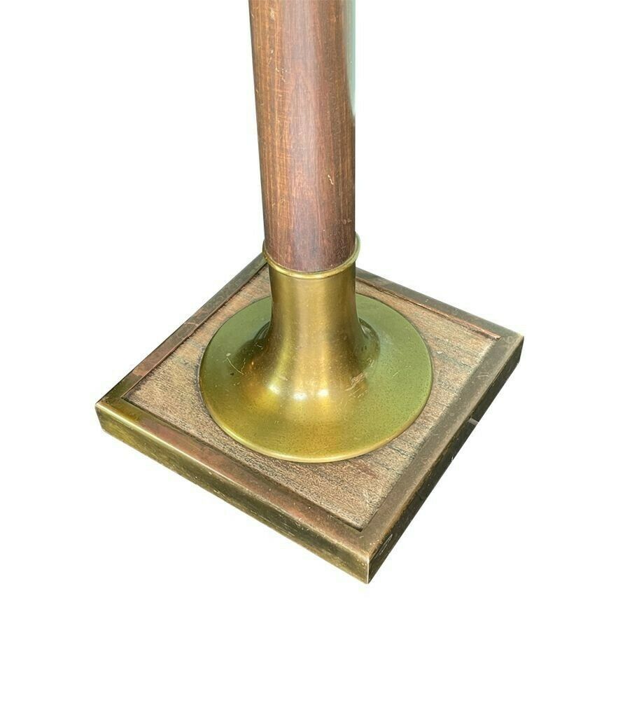 photo for sale A Large 1950s Spanish Wooden And Brass Floor Lamp With Bespoke Natural Linen Drum Shade