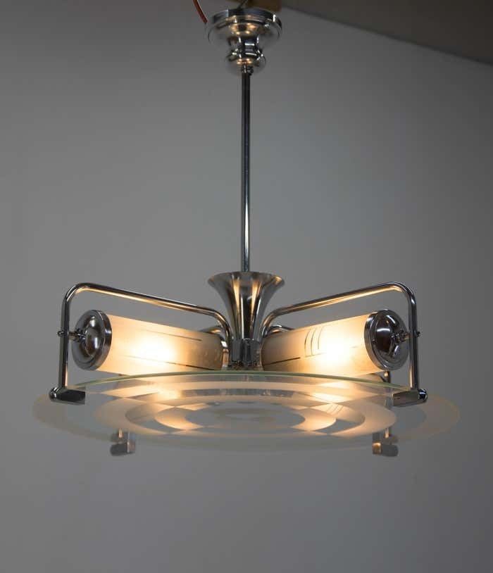 Rare Art Deco / Functionalist Tubular Chandelier, 1930s photo Lighting