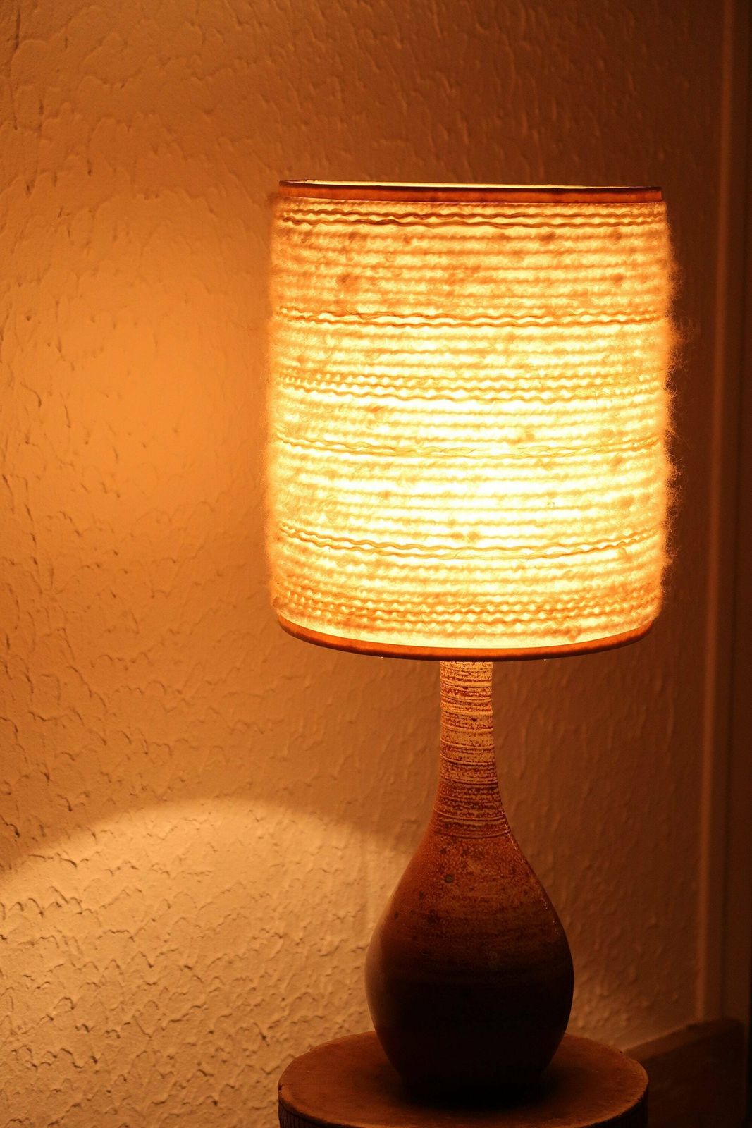Huge Ceramic Table Lamp, Wool Shade, 1960s / Boho Chic, Folk, Country, Brown, Potter photo furniture