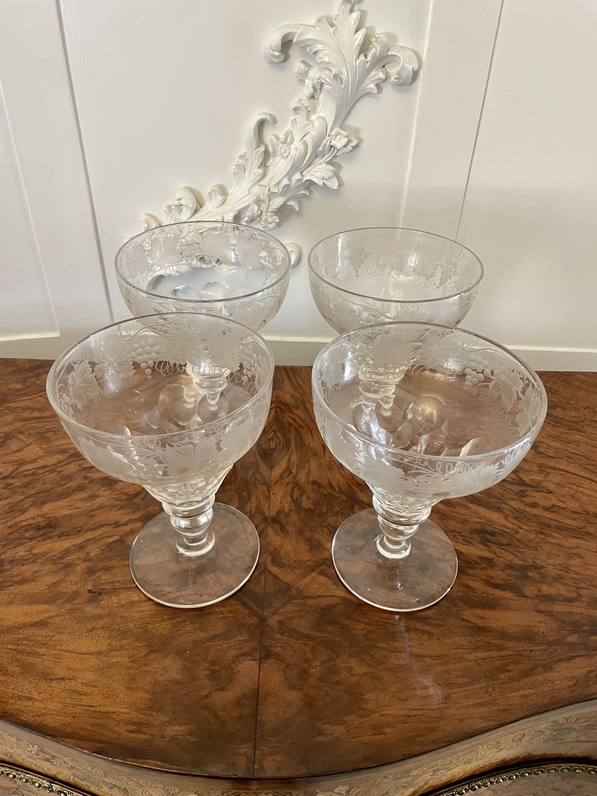 Unusual Large Set Of 4 Antique 19th Century Quality Engraved Glasses photo Home Decor