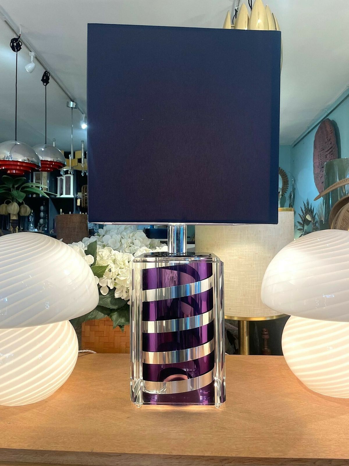 A Large Italian 1970s Romeo Rega Lucite And Chrome Lamp In Purple And Chrome photo furniture