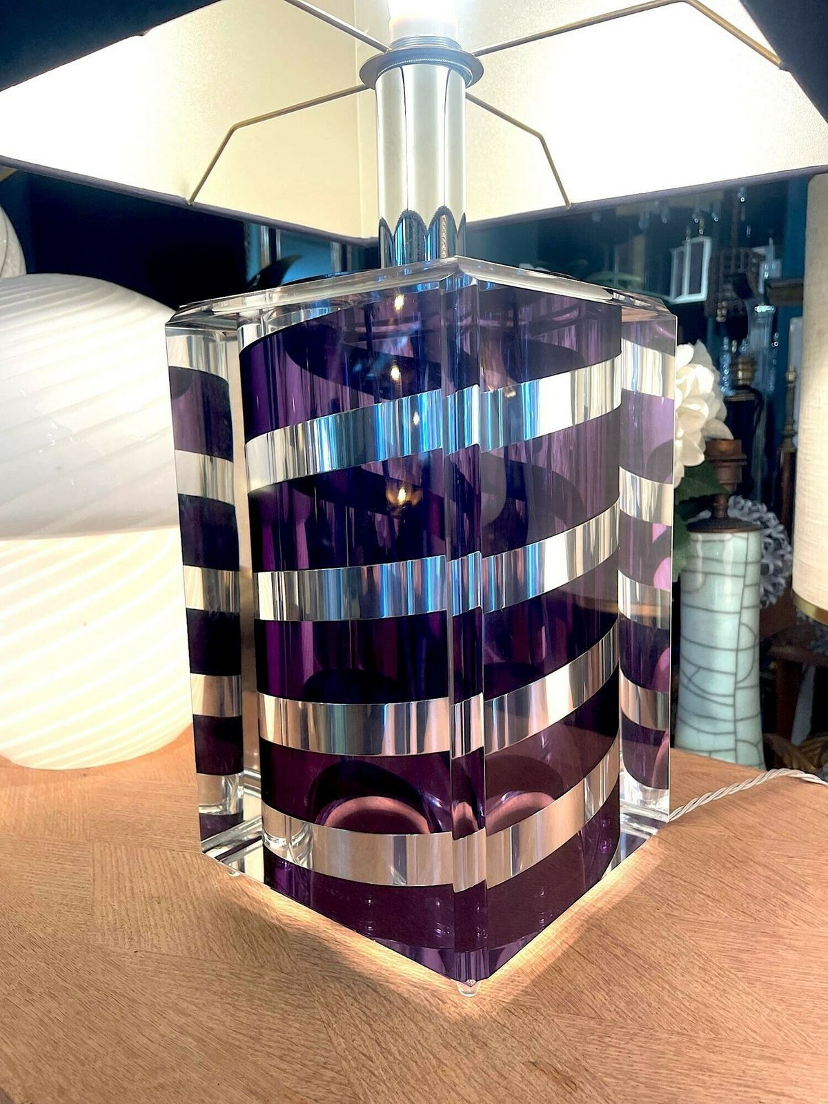 Lighting A Large Italian 1970s Romeo Rega Lucite And Chrome Lamp In Purple And Chrome photo