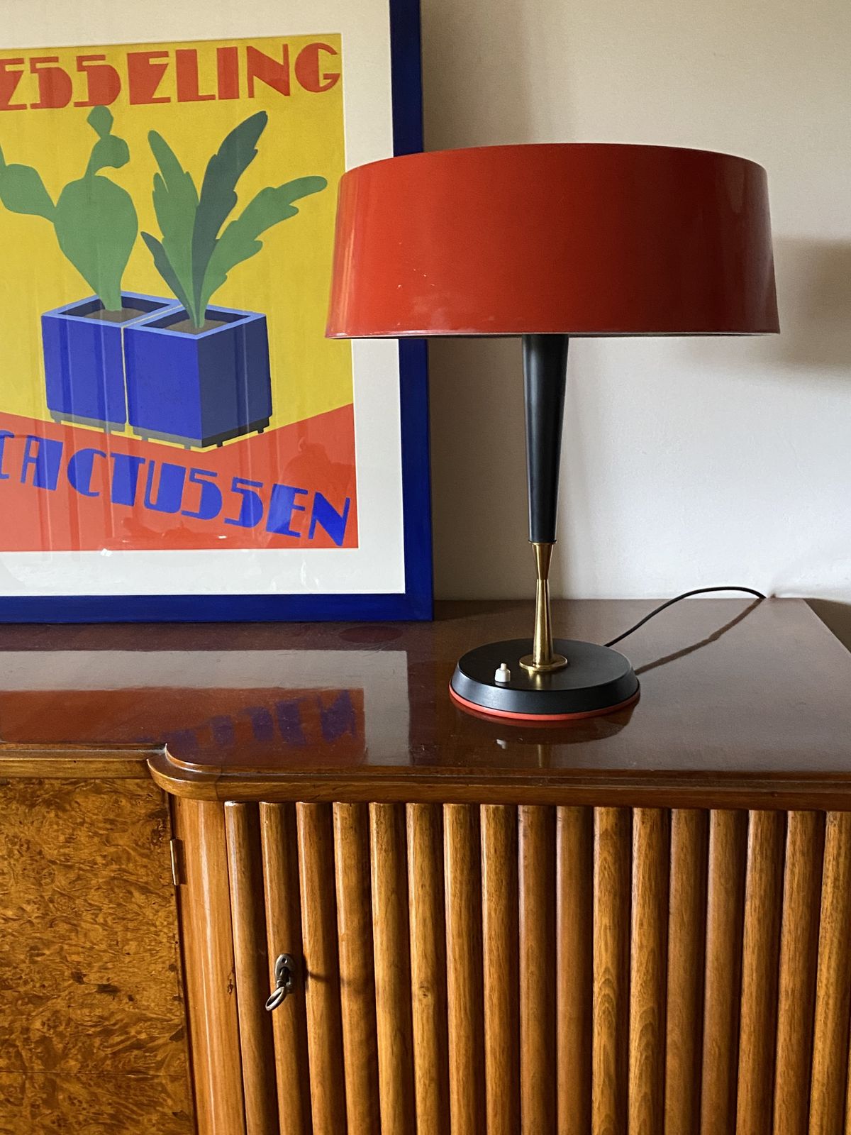 Oscar Torlasco, Mid Century Red Table Lamp, Lumi, Italy 1954 photo furniture