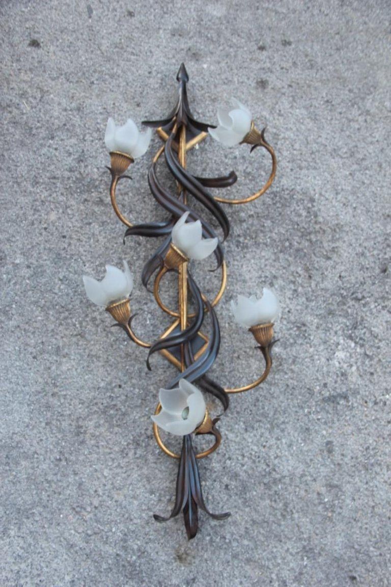 Vertical Big Sconce Modern Floreal Forged Metal Glass Hand Made In Italy Gold photo for sale