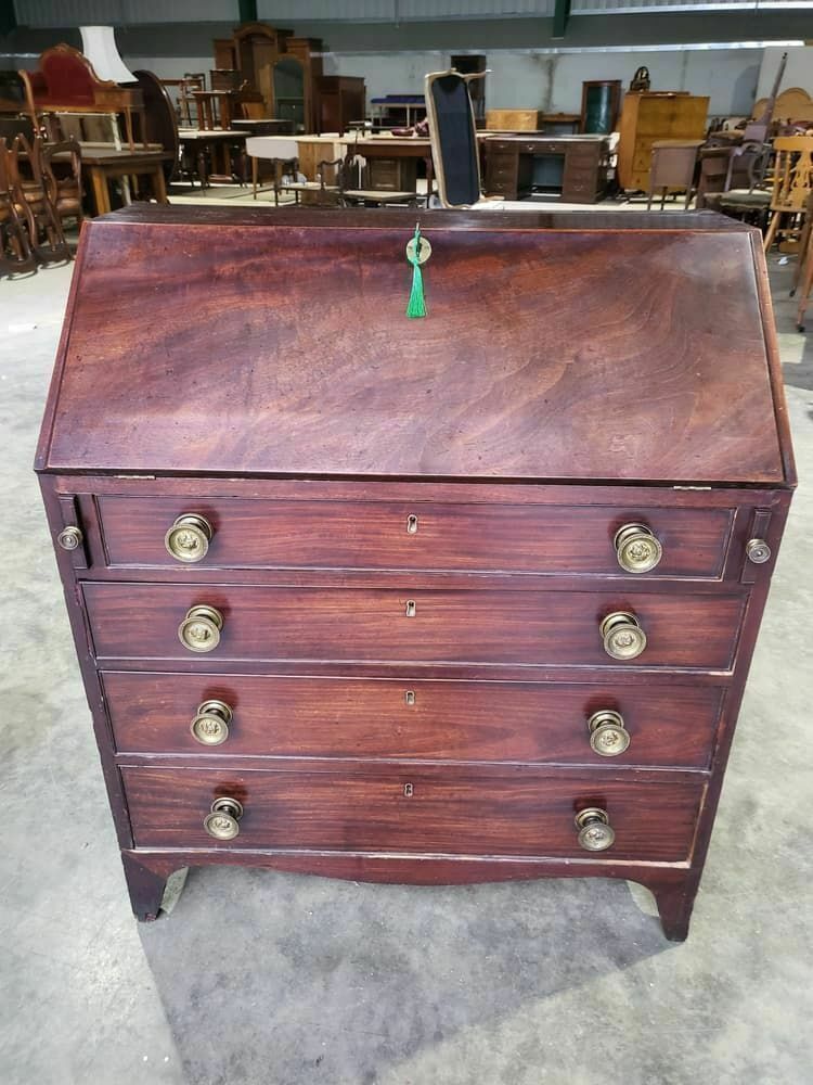 Antique Small Georgian Mahogany Bureau Desk Splayed Legs Brass Handles 12 Drawer