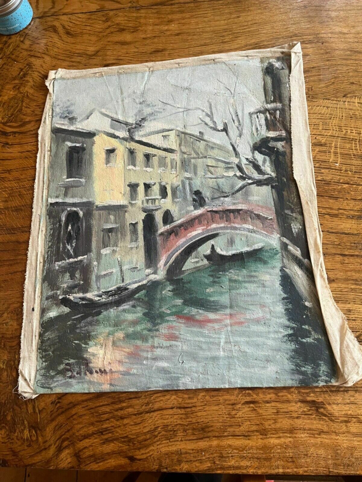 Oil On Canvas Painting Early 1900’s Canal In Venice Winter Scene Original Work photo vinterior
