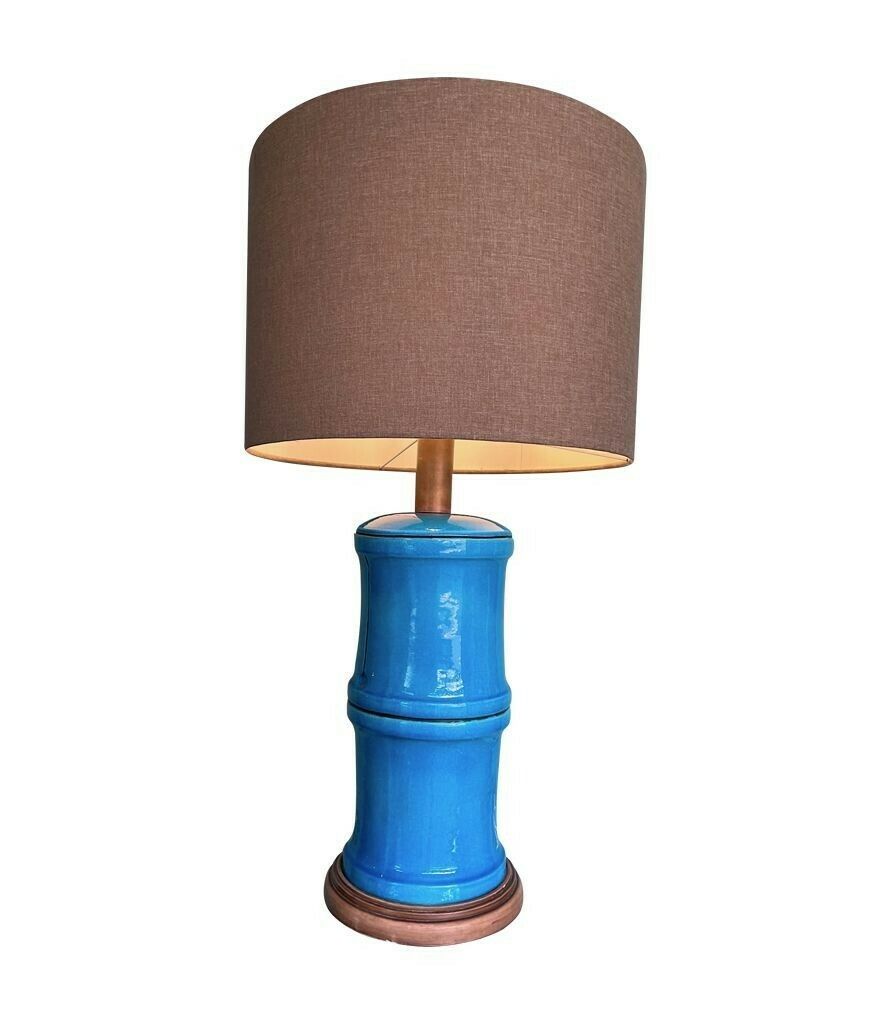 A 1970s Large Italian Faux Bamboo Ceramic Blue Lamp With Brass Fittings photo Lighting