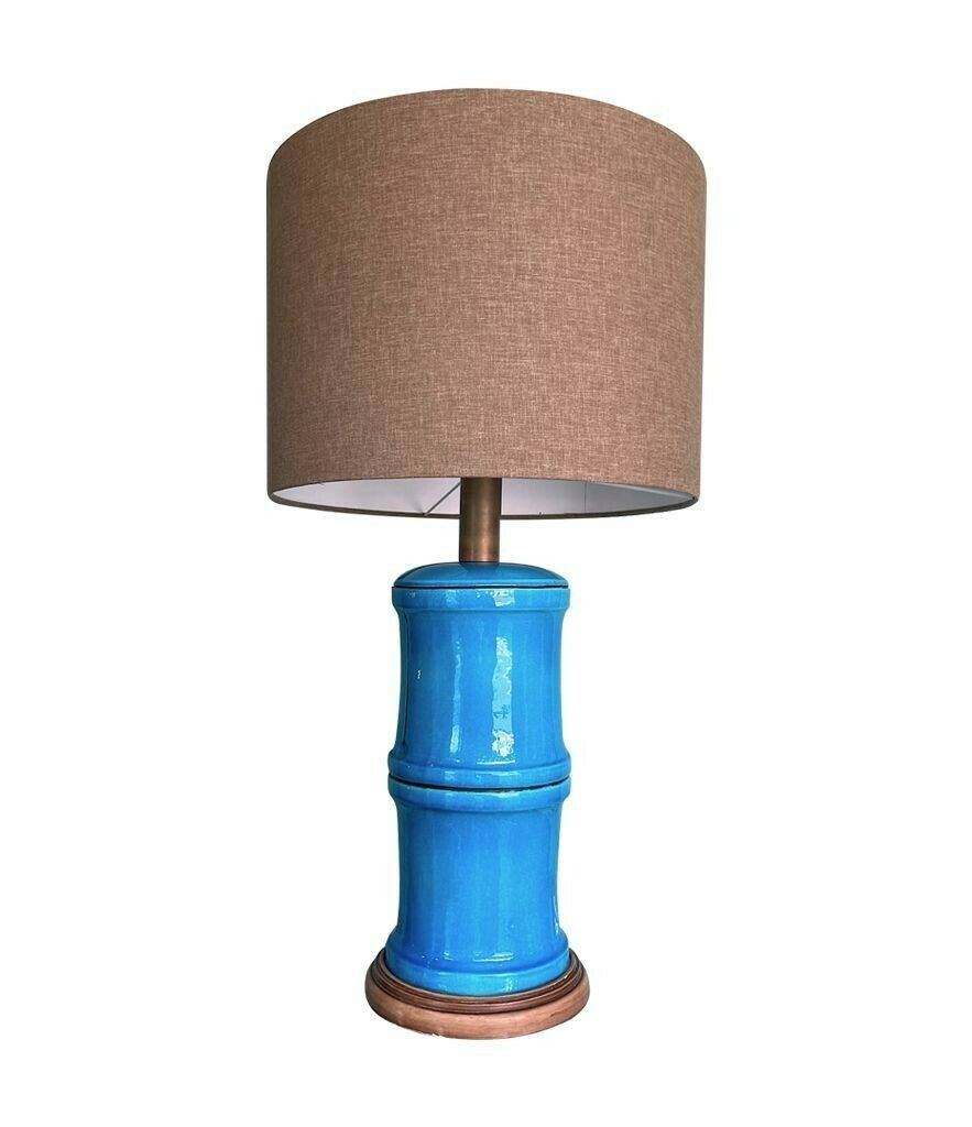 A 1970s Large Italian Faux Bamboo Ceramic Blue Lamp With Brass Fittings photo vinterior