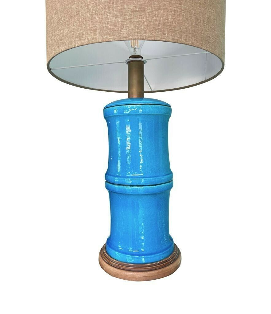 A 1970s Large Italian Faux Bamboo Ceramic Blue Lamp With Brass Fittings photo buy