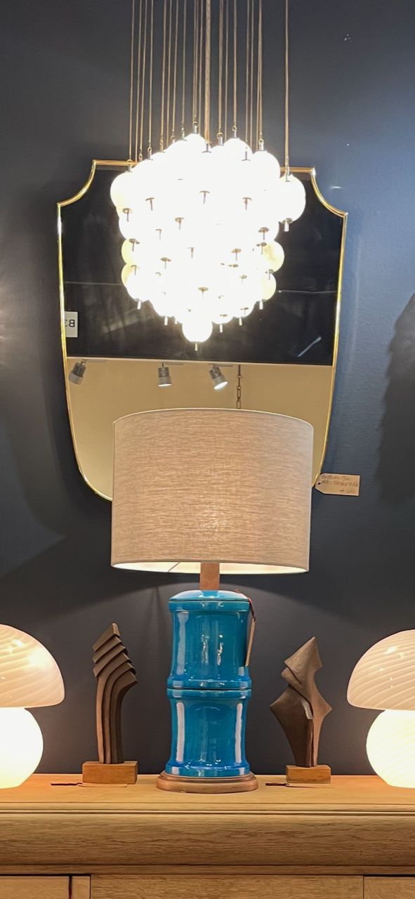 A 1970s Large Italian Faux Bamboo Ceramic Blue Lamp With Brass Fittings photo vintage
