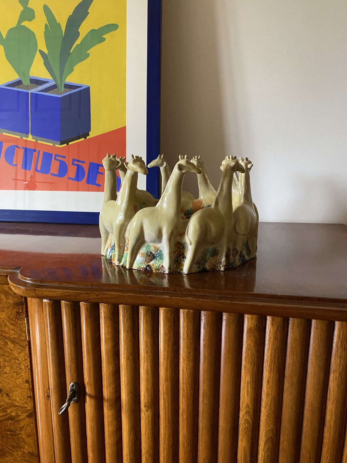 Postmodern Giraffe Ceramic Centerpiece / Vide Poche, Nd Dolfi Montelupo Italy, 1990s photo vintage