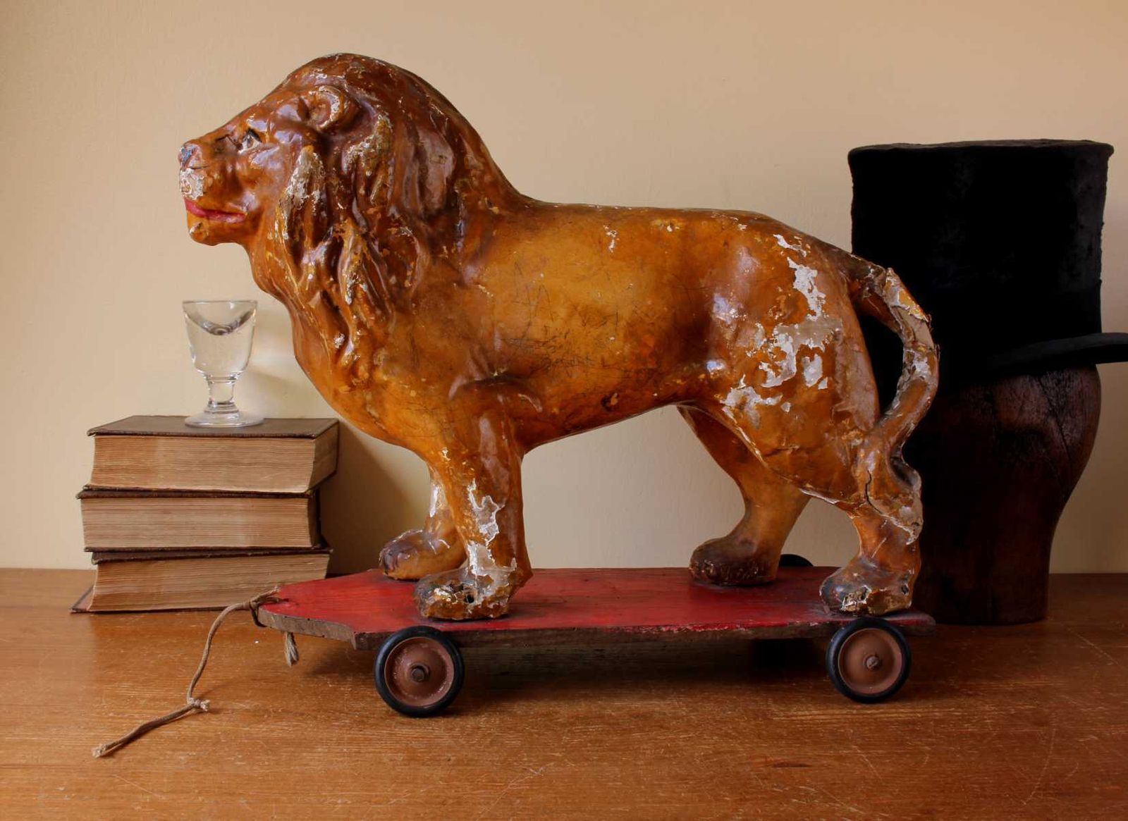French Pull Along Lion. Paper Mache Model Animal Decorative Toy Trolley. photo for sale