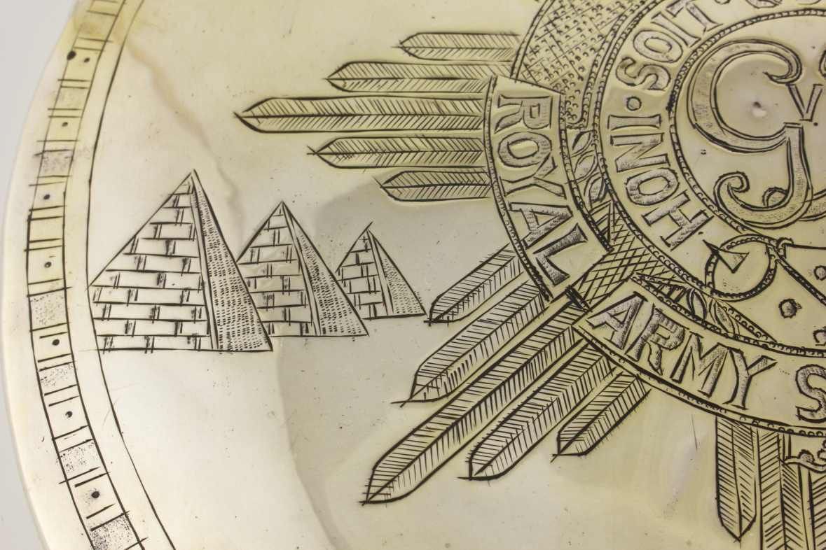 English Oak & Horn Wall Gong. Royal Army Service Corps Egypt 1941. Ww2. photo vintage