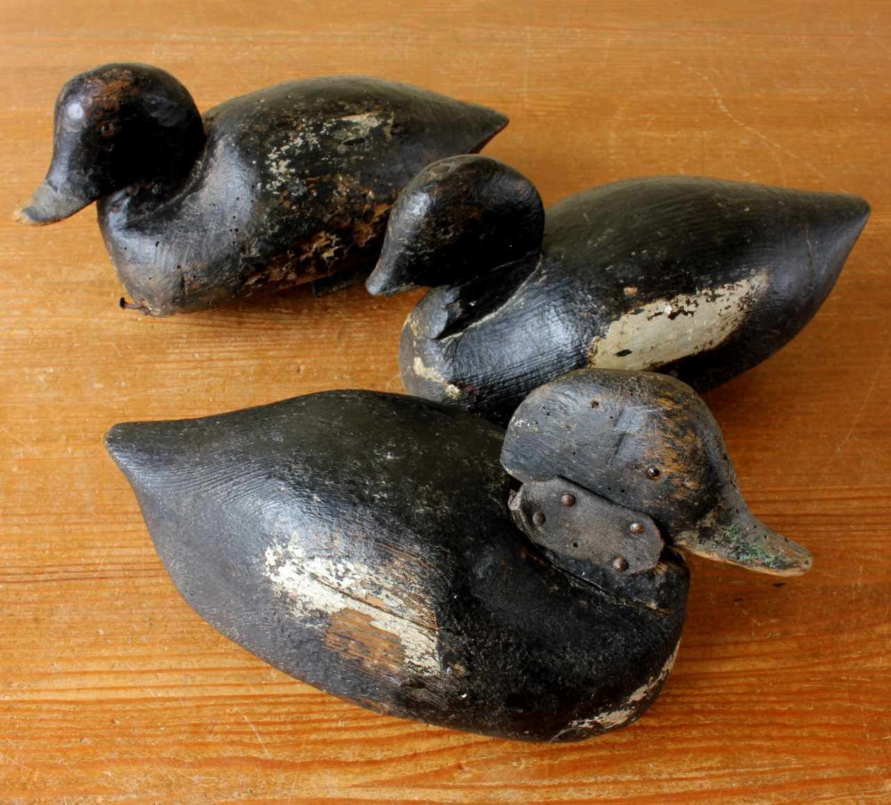 Three Antique French Wood Decoy Ducks. Early Painted Folk Art Rustic Birds.