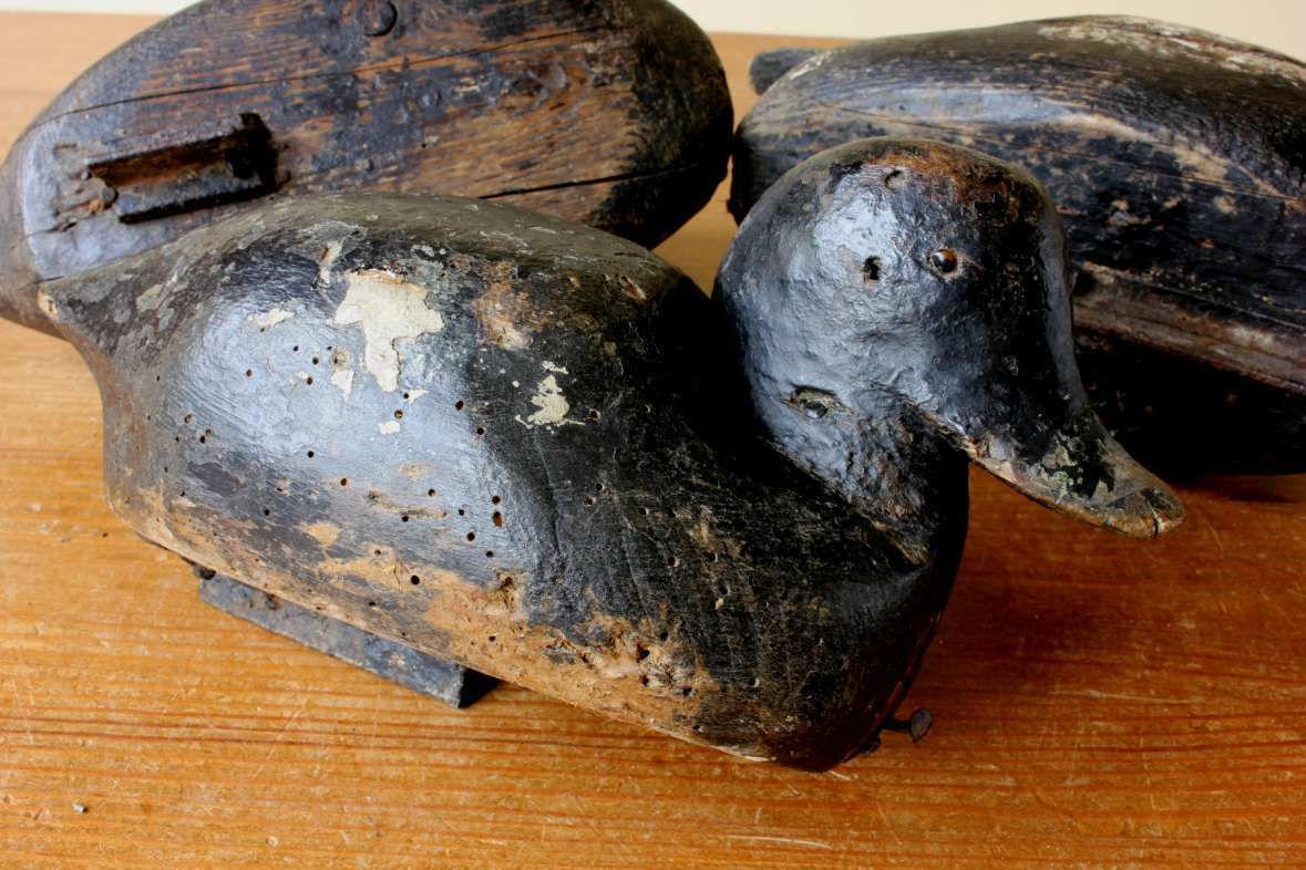 Three Antique French Wood Decoy Ducks. Early Painted Folk Art Rustic Birds. photo furniture