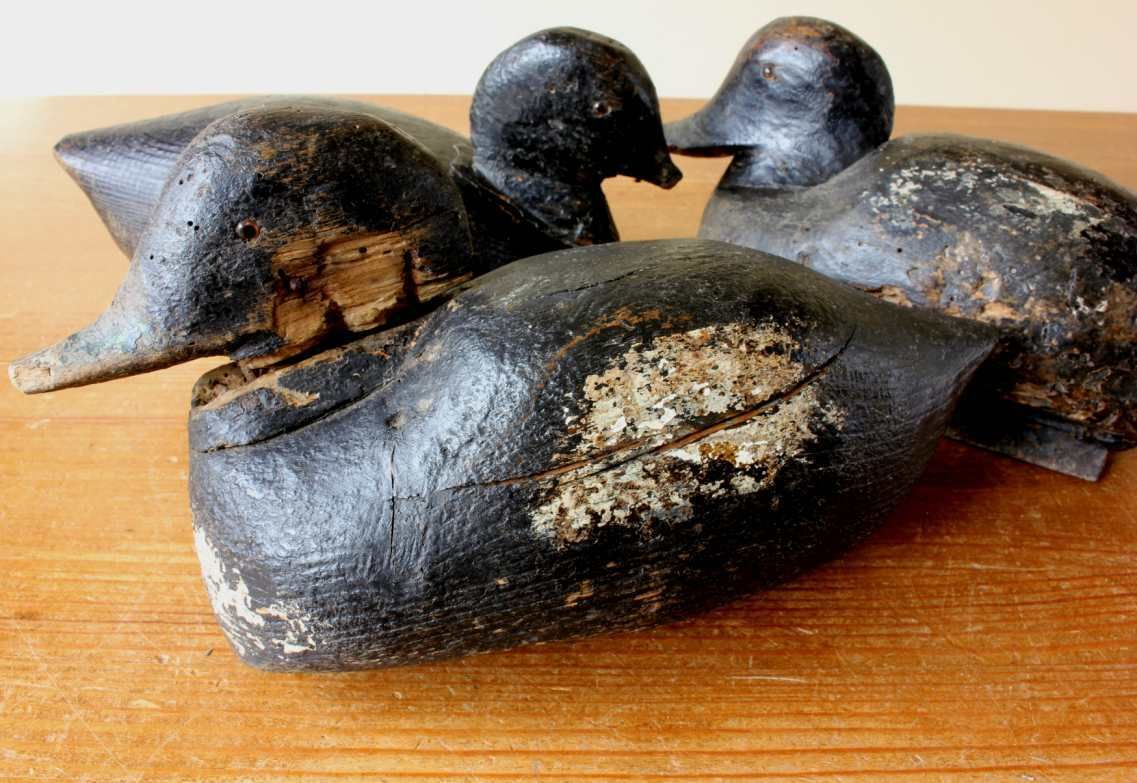 Three Antique French Wood Decoy Ducks. Early Painted Folk Art Rustic Birds. photo vintage