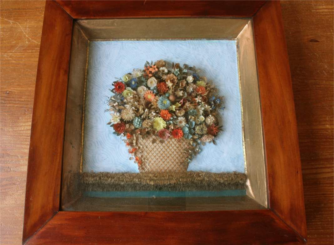 Folk Art Paper Basket Of Flowers Diorama. 19th Century Framed Shadow Box photo for sale