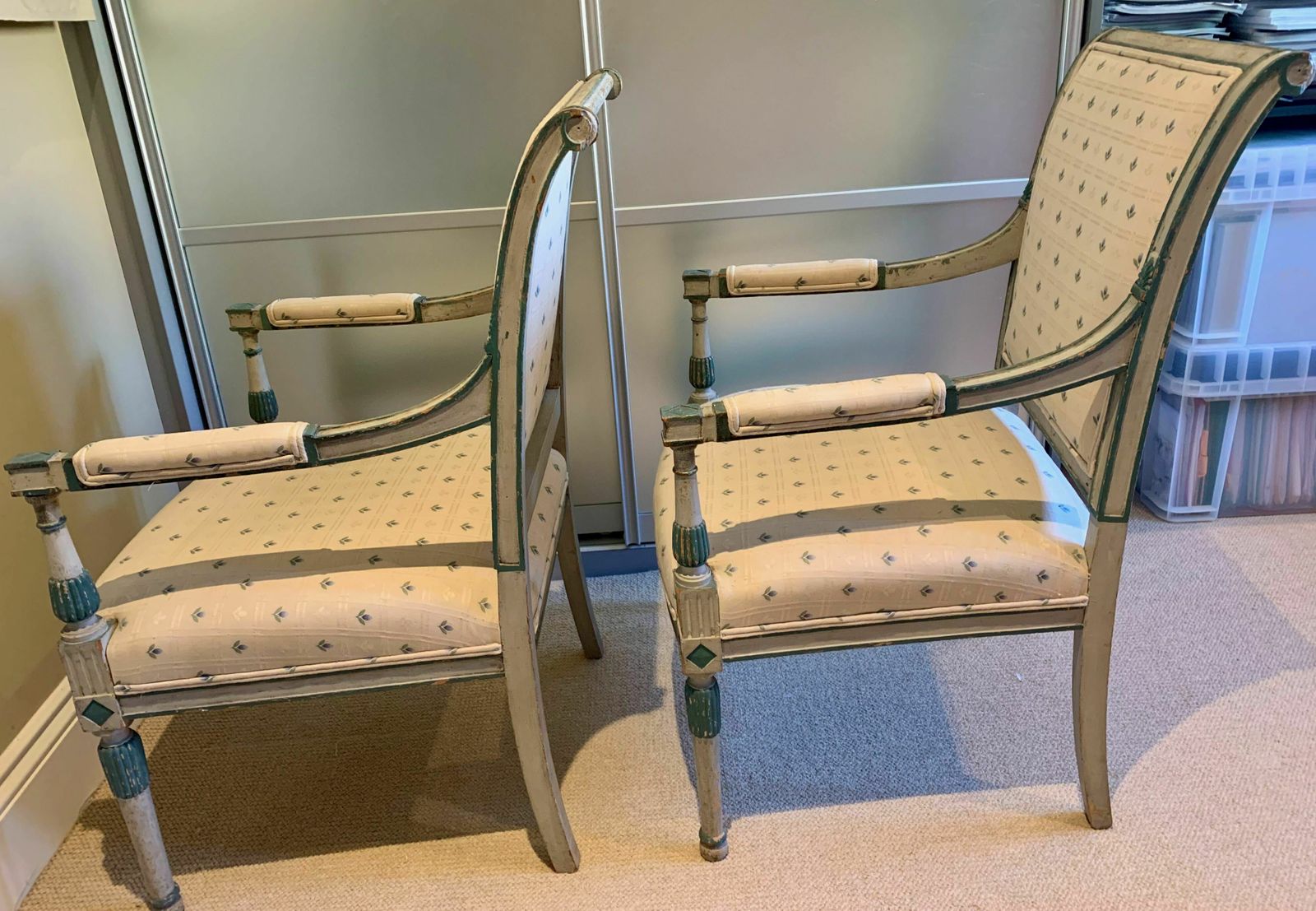Pair Of French Painted Open Armchairs Upholstered Vintage Directoire photo furniture