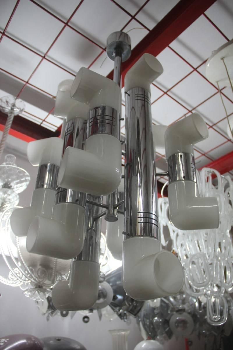 photo furniture Chandelier In Chrome Murano Glass White Color Pop Art Italian Design, 1970