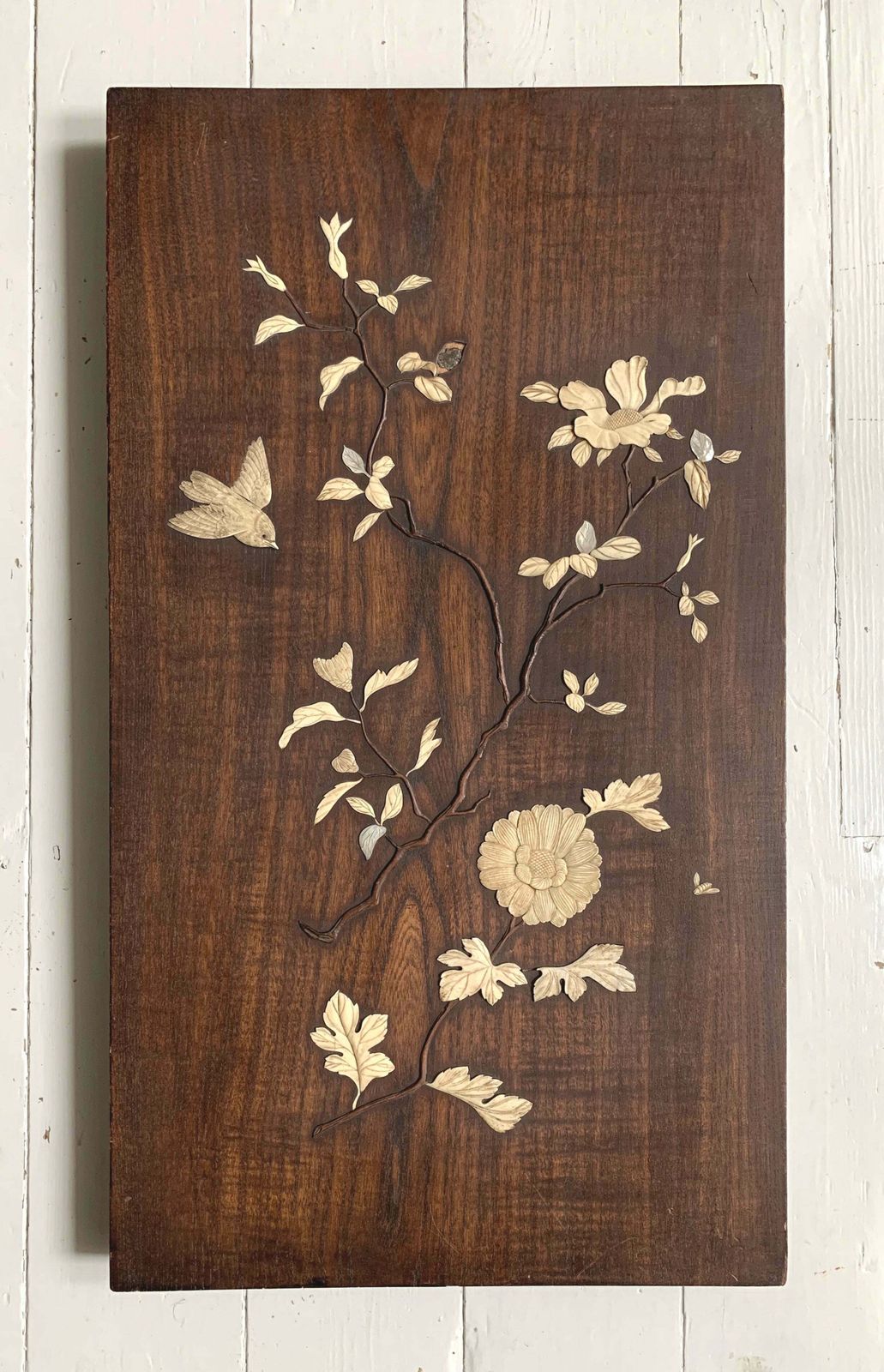 photo for sale Antique Japanese Shibayama Woodenware Relief, Made With Bone & Mother Of Pearl