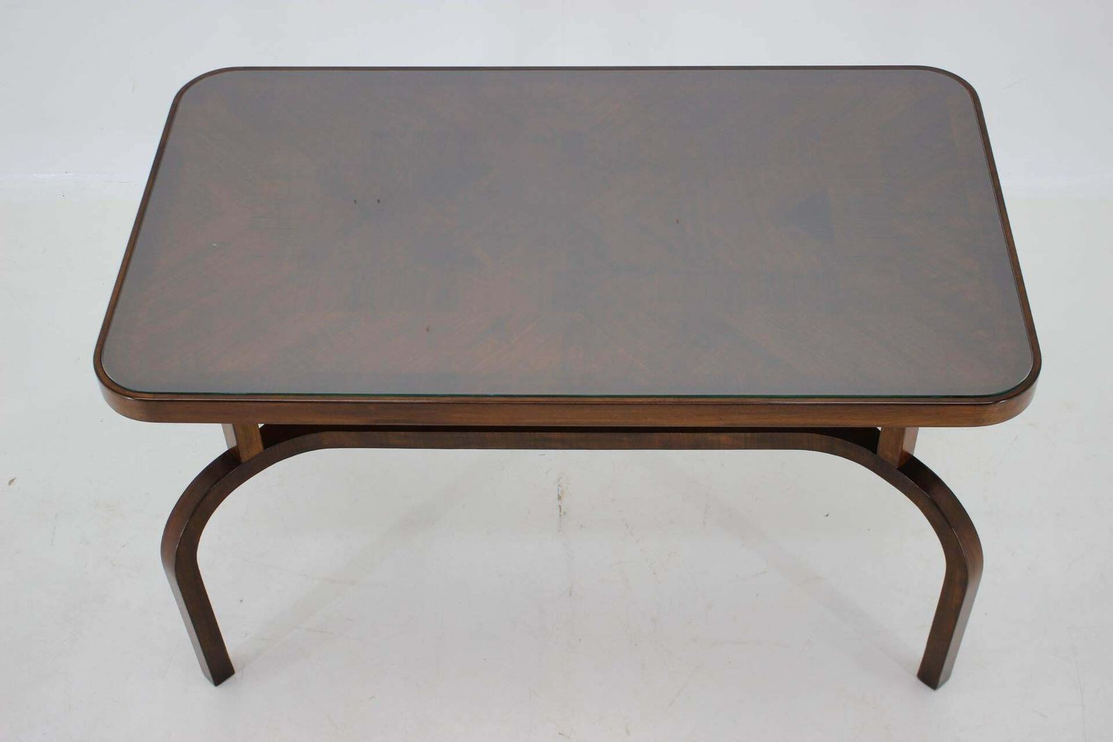 1930s Restored Coffee Table In Walnut With Glass Top, Czechoslovakia photo for sale