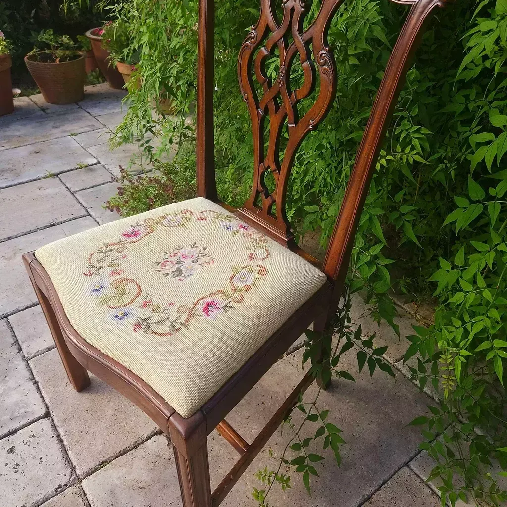 Antique Chippendale Style Mahogany Chair With Tapestry Wool Seat photo furniture