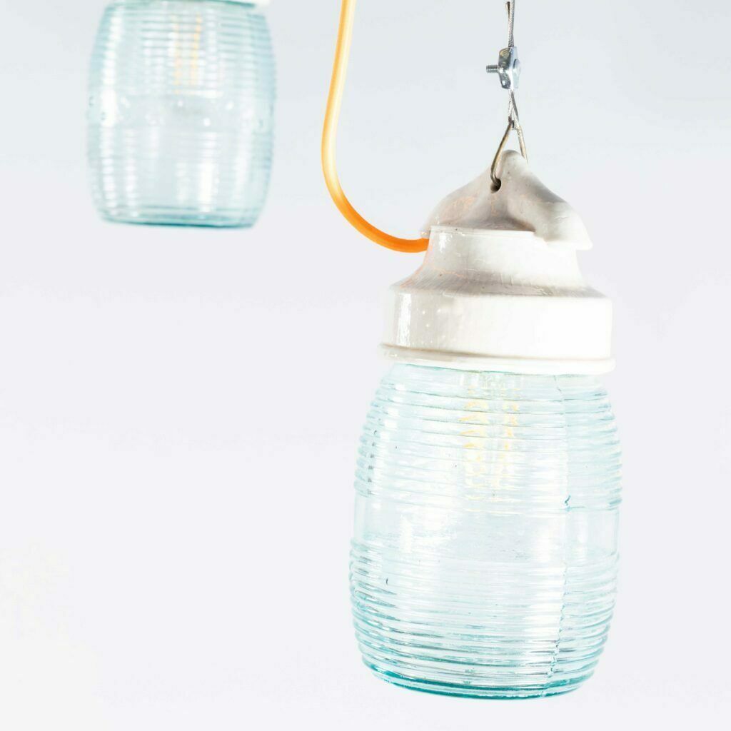 1950’s New Old Stock Ribbed Glass Cylinder Pendant Lamps photo 174.0