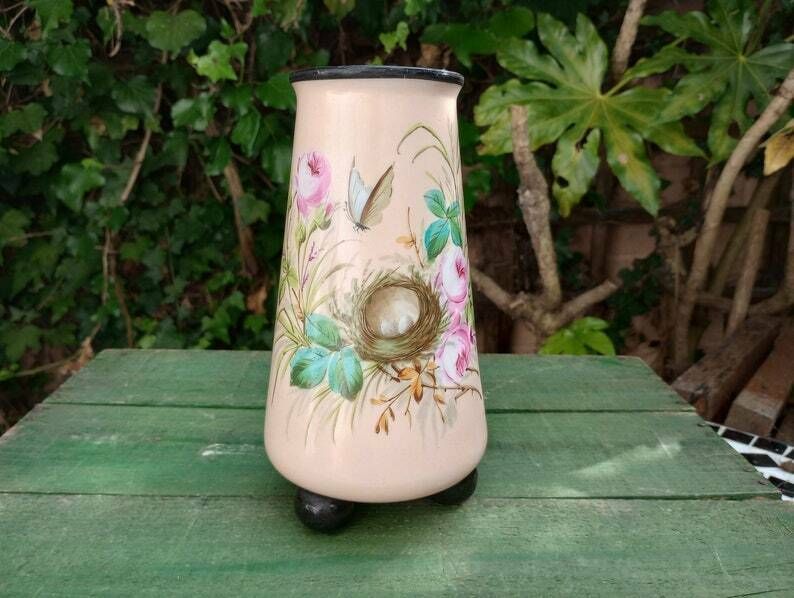 Beautiful Victorian Pale Pink Enamelled Glass Vase On Ball Feet