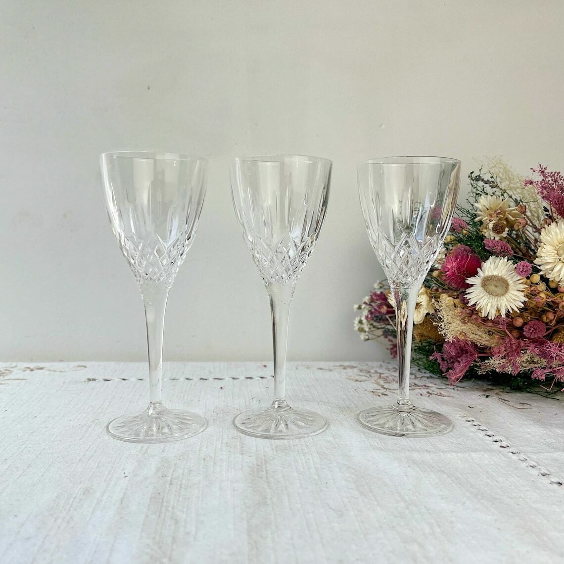 3 Vintage Chiseled Crystal Glasses ~ Crystal Stemmed Glasses ~ Vintage Champagne Glass ~ Crystal Glasses ~ 20th Century photo furniture