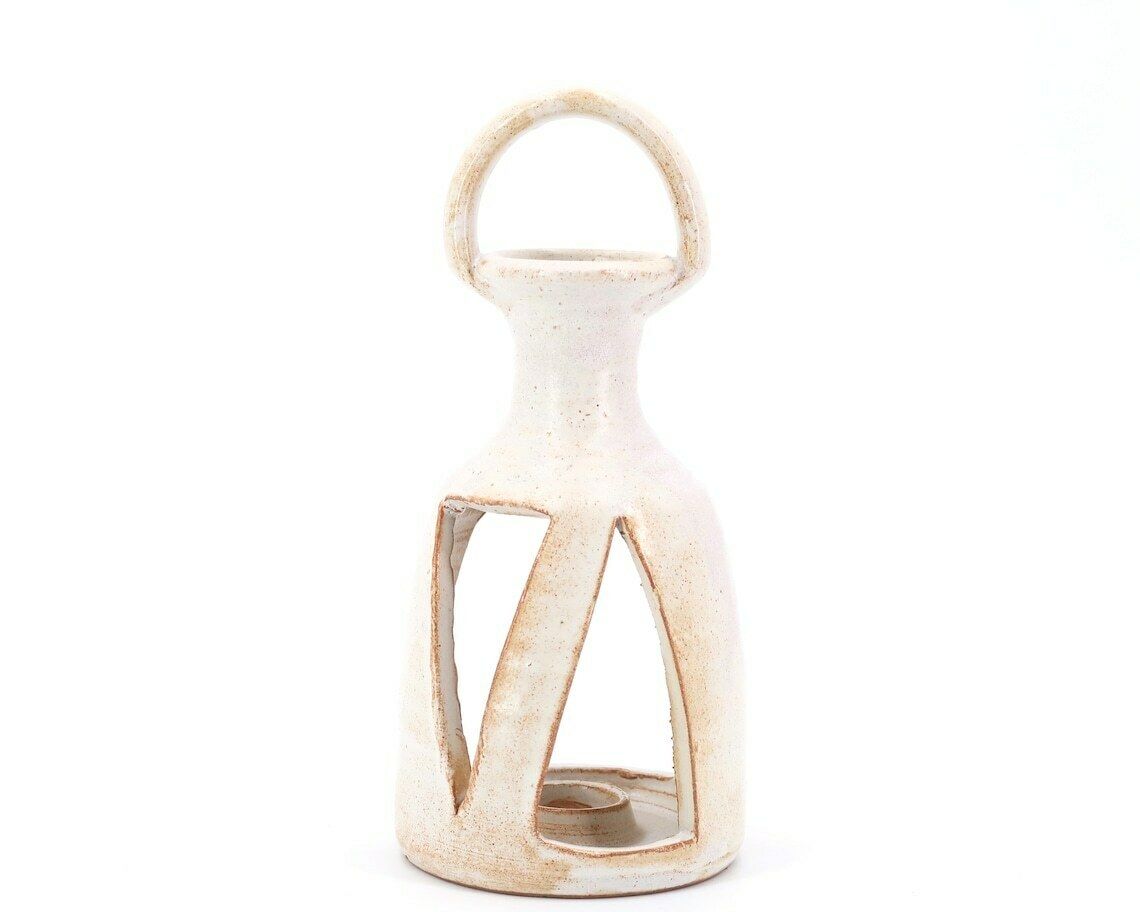 Franse Witte Keramieken Kaarsenhouder Lantaarn, Jaren 1960 / Waxinelichthouder Minimalistisch Landelijk Boho Chic Bohemian photo furniture