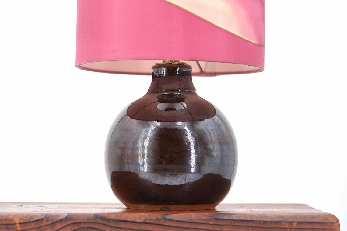 French Dark Purple Ceramic Table Lamp, Silk Shade, 1970s / Pink, Boho Chic, Folk, Country photo for sale