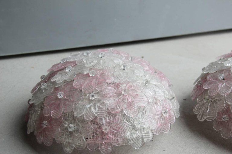 Pair Of Ceiling Lamps Bunch Flowers Murano Art Glass, 1950s Mid Century Modern photo Lighting