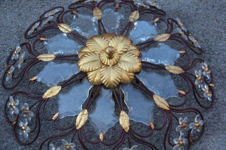 Pair Of Ceiling Light Round Mid Century Modern France Crystal Forged Metal Gold photo furniture