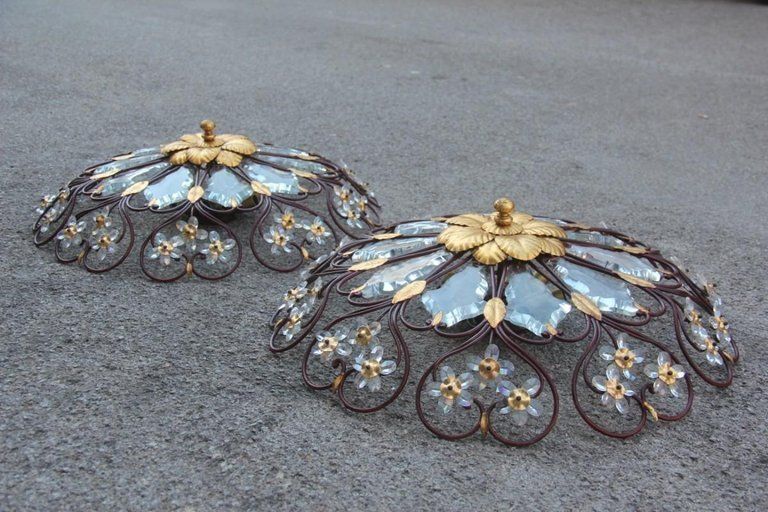 Pair Of Ceiling Light Round Mid Century Modern France Crystal Forged Metal Gold photo vintage