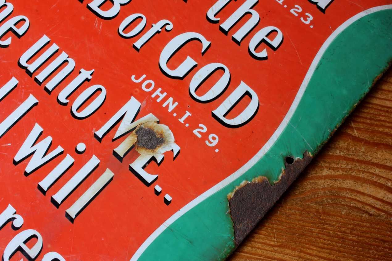 995.0 Religious Church Enamel Metal Sign. Lamb Of God Bible Quote. C1915. photo
