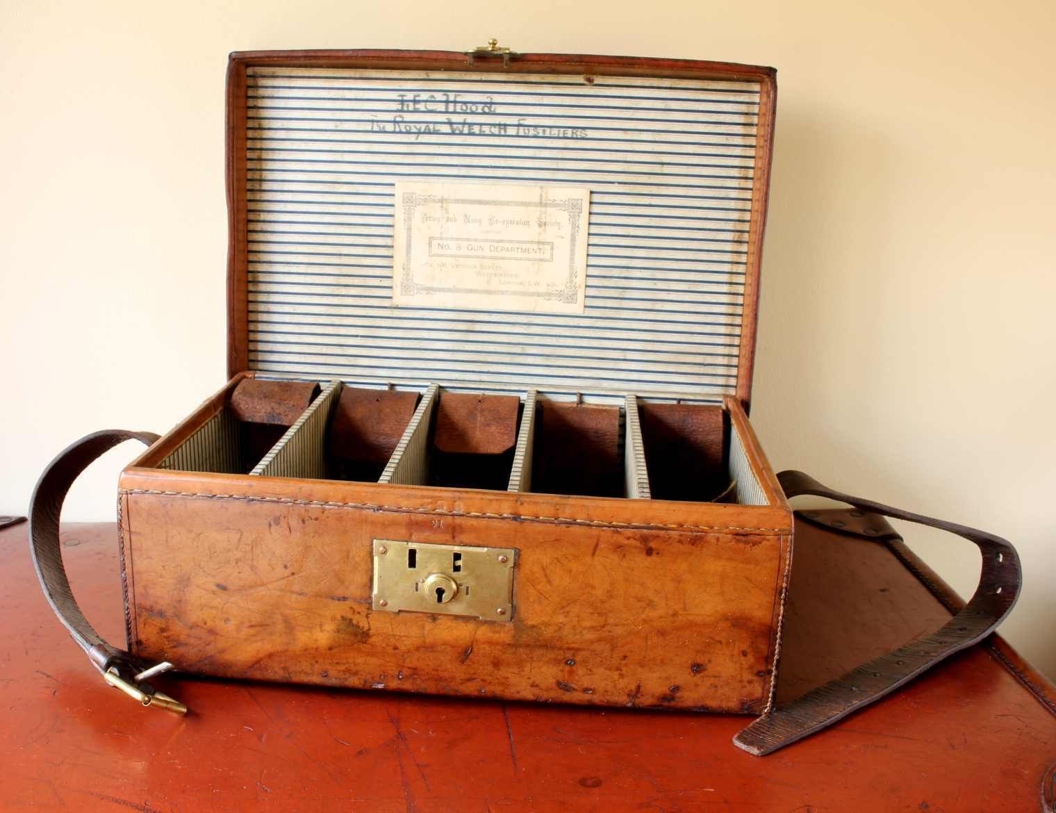Leather Cartridge Case. Army & Navy Shotgun Hunting Gun Magazine Box. photo for sale