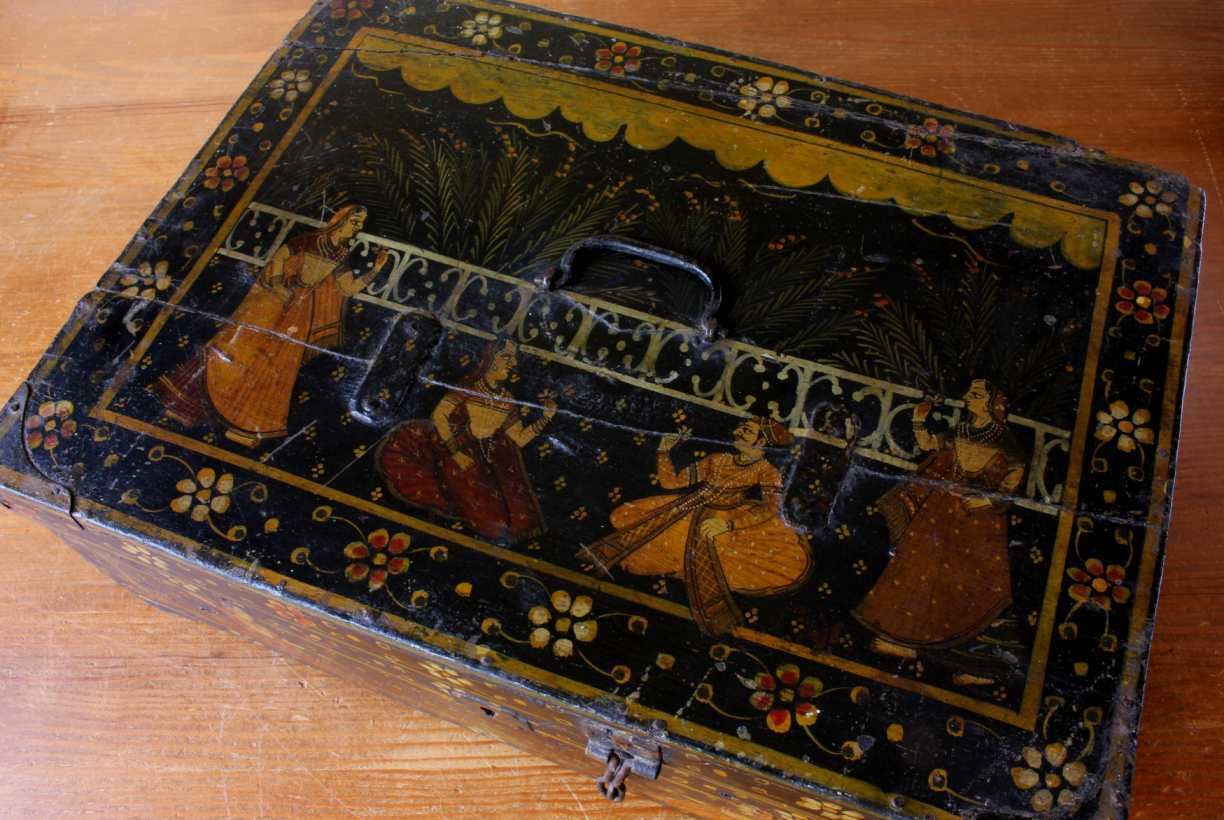Indian Rajastani Hand Painted Wood Marriage Dowry Box. 19th Century. photo for sale