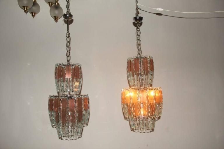 Pair Of Chandelier Curved Glass, 1970s,Crystall,Steel, Italian Design Chipped photo for sale