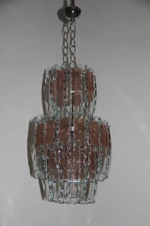 Pair Of Chandelier Curved Glass, 1970s,Crystall,Steel, Italian Design Chipped photo 2280.0