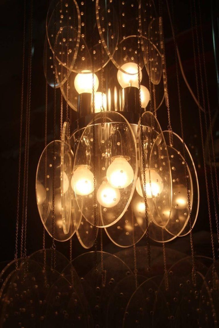 Pair Of Chandeliers Plexiglass And Metal Chrome Italian Design 1970 Pop Art photo 3053.0