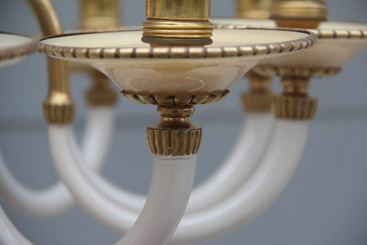 Elegant Chandelier In Opal Glass And 1950s Italian Design Brass photo for sale