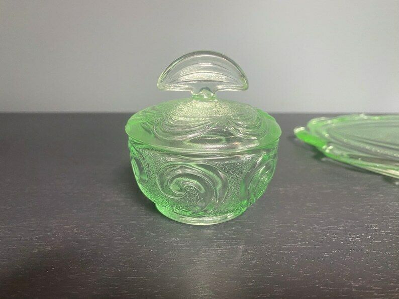Vintage Green Glass Dressing Table Set Art Deco Glass Vanity Set By Bagley  In Rutland Pattern #3078 1930s Free Shipping | Vinterior