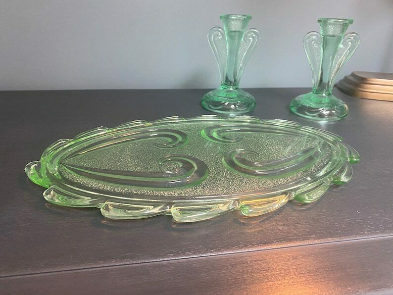 photo for sale Vintage Green Glass Dressing Table Set   Art Deco Glass Vanity Set By Bagley In Rutland Pattern #3078   1930s Free Shipping
