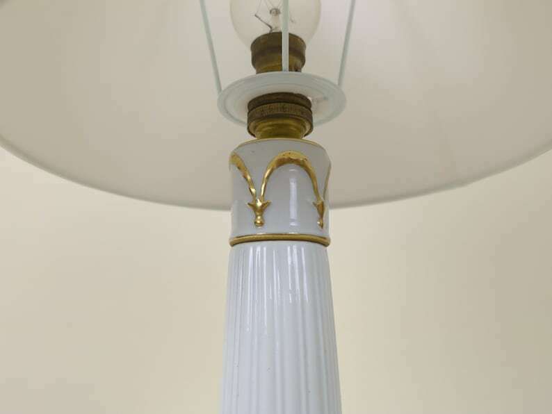 Vintage French 1950s White And Gold Porcelain Pottery Column Plinth Table Lamp, Original Home Lighting photo buy