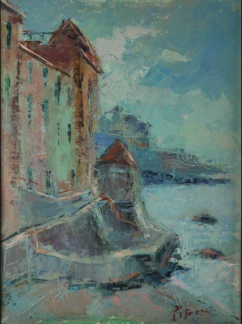 Framed Oil Painting Of A Fortified Italian Coastal City photo furniture
