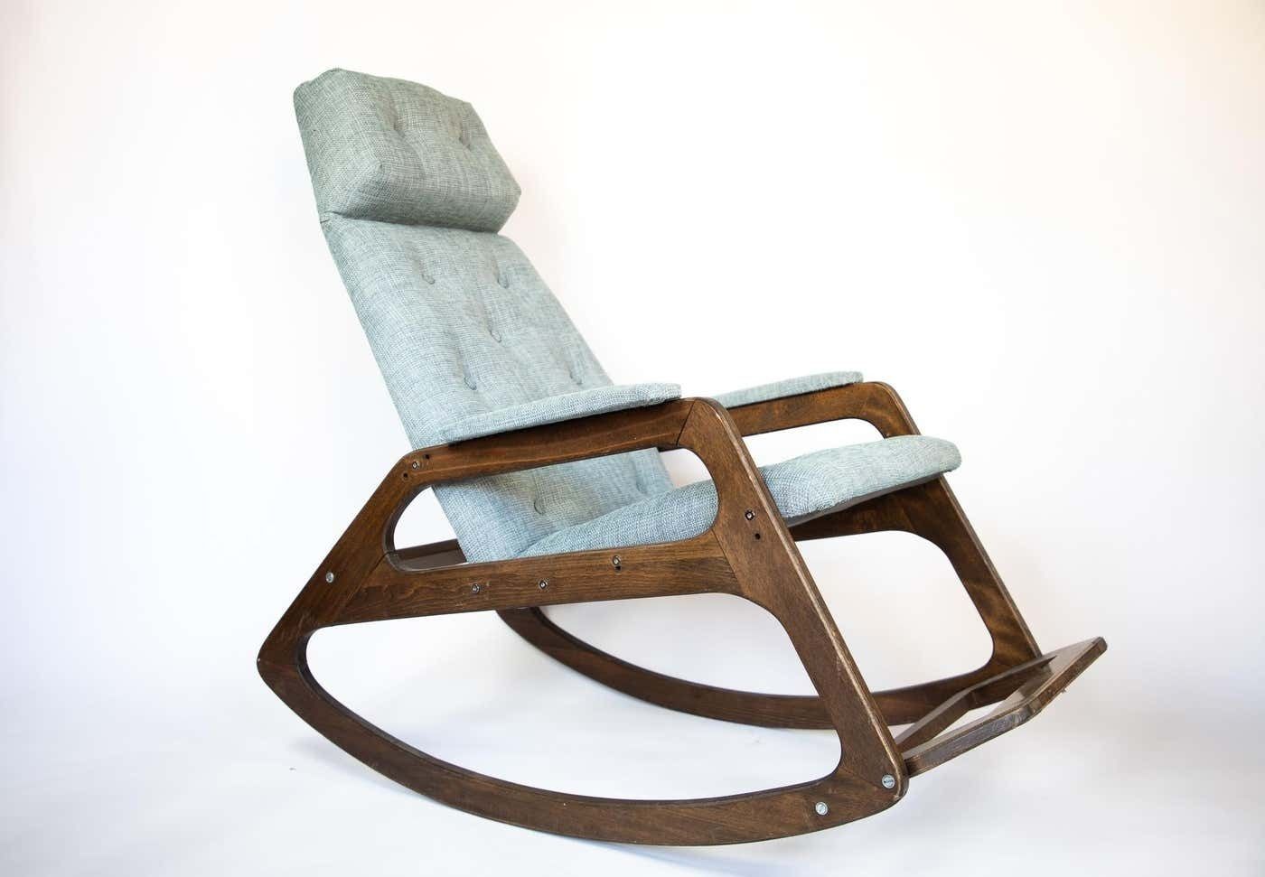 Rocking Chair Made Of Solid Wood And Ice Blue Reupholstery, Italy 1960s, Mid Century photo furniture
