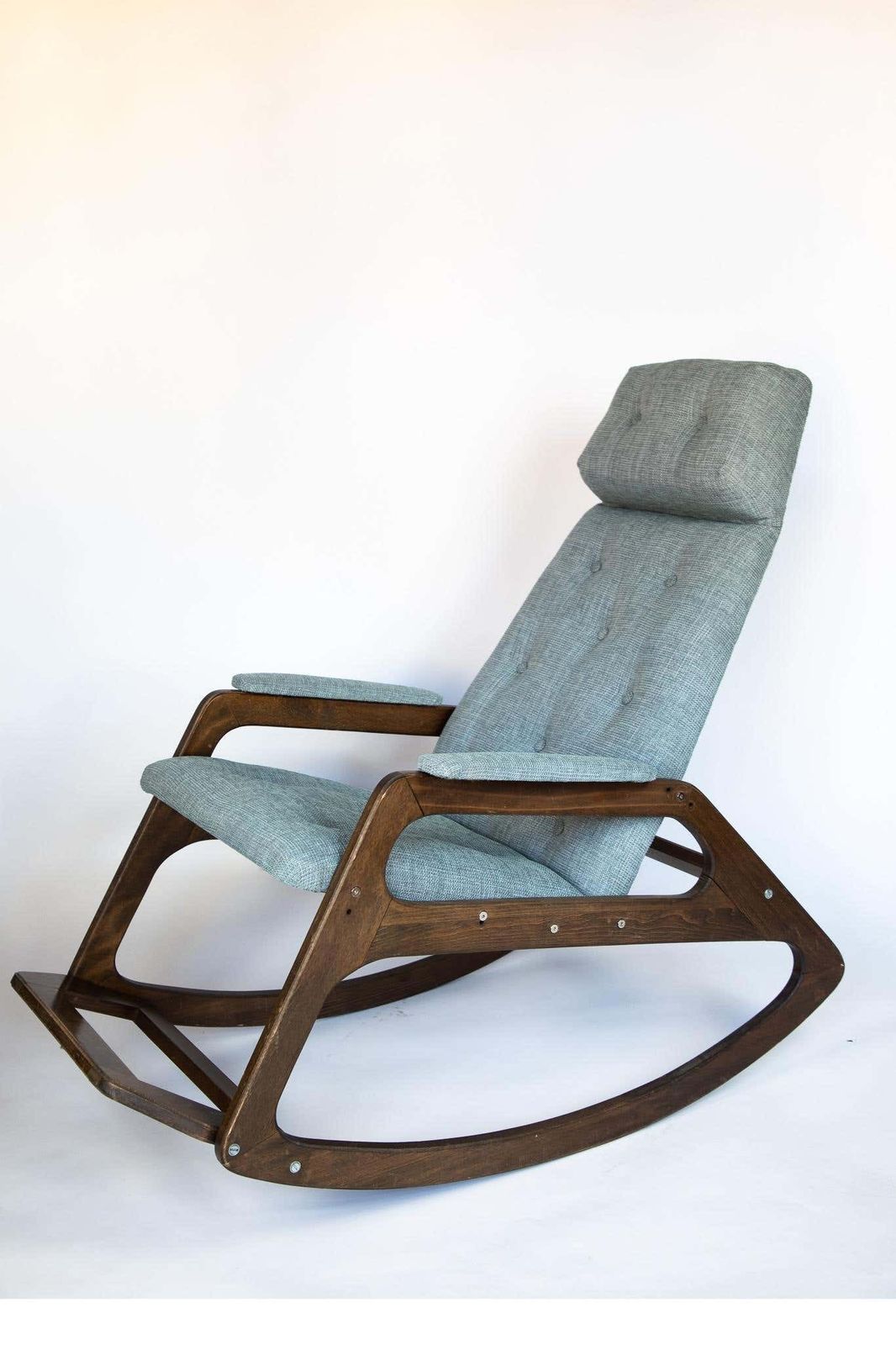Rocking Chair Made Of Solid Wood And Ice Blue Reupholstery, Italy 1960s, Mid Century photo 1190.0
