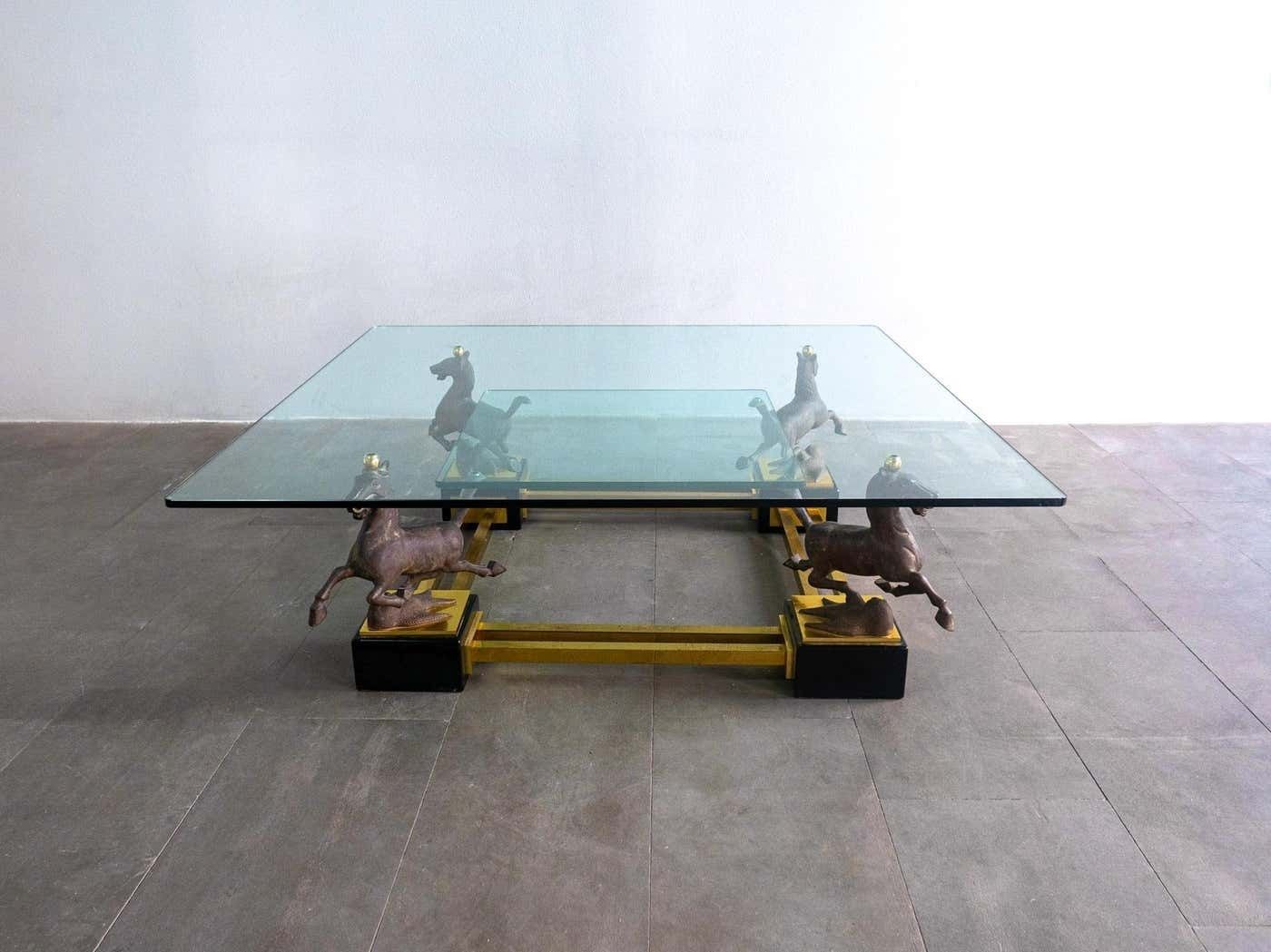 Hollywood Regency Glass And Brass Coffee Table With Bronze Flying Horses, Maison Charles photo furniture