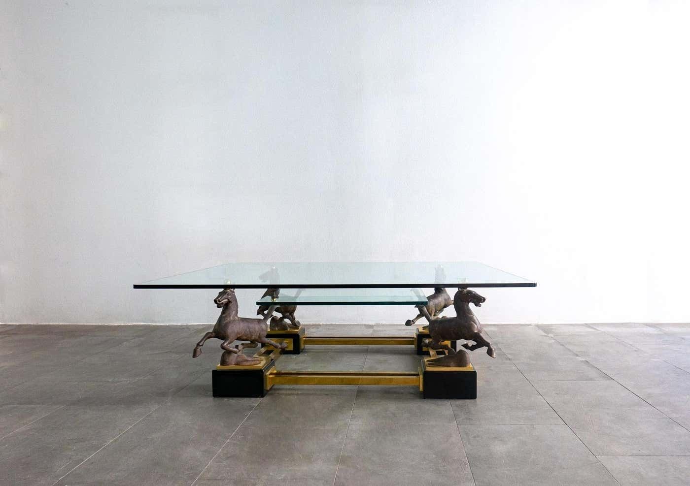 Hollywood Regency Glass And Brass Coffee Table With Bronze Flying Horses, Maison Charles photo for sale